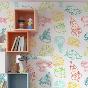 Carta da parati con auto per la cameretta dei bambini, decorazioni educative Montessori, decorazioni murali con camion, navi e astronavi, poster stampabile per la cameretta dei bambini.