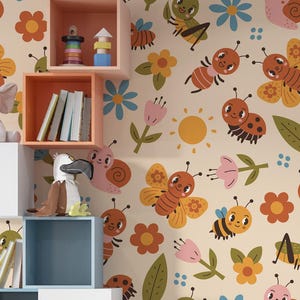 Carta da parati adesiva per bambini con api - Decorazione murale per cameretta con insetti colorati, fiori e cavallette, adesivo rimovibile per cameretta