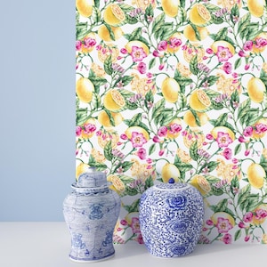 Carta da parati floreale agrumata per cucina e soggiorno, motivo vivace di fiori di limone, staccabile e attaccabile, facile da installare, fresca decorazione estiva