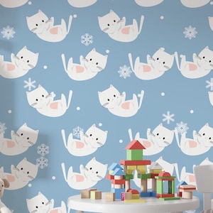 White Cats Wallpaper Peel and Stick Wall Décor on Blue Background, Cute Cat Wall Mural for Kids Room & Nursery