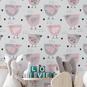 Pink Bird Nursery Design Wallpaper / Removable Wallpaper / Peel and Stick / Kids Room Decor / Cute Bird Nursery Mural / Soft Tones Wall Art