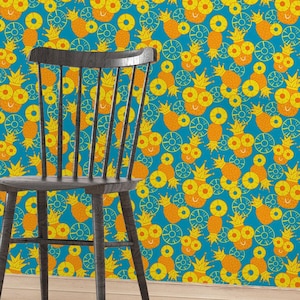 Pineapple Wallpaper Peel and Stick, Blue Fruit Pattern, Funny Tropical Fruit & Vegetable Wall Decor for Kitchen, Bathroom, or Living Room