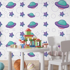 Papel tapiz infantil: decoración de pared autoadhesiva con temática espacial OVNI para habitaciones infantiles, salas de juegos y guarderías.