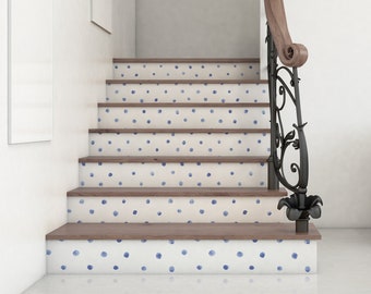Stair Riser Removable Wallpaper with Blue Polka Dot Pattern, WallPaper for Stairs, Self Adhesive Stair Sticker, NWT010