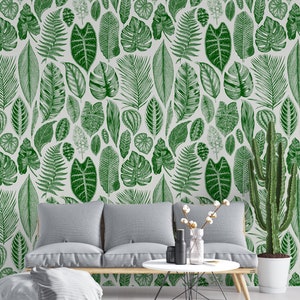 Peel and Stick Green Leaves Wallpaper, Apothecary Herbal Botanical Wall Decal, Simple Nature-Inspired Home Decor