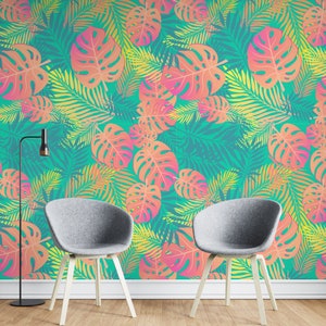 Removable Wallpaper Pink & Green Tropical Leaves, Bright Nature Wall Decor, Easy Peel and Stick, Modern Jungle Pattern