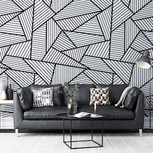 Black & White Abstract Geometric Peel and Stick Wallpaper, Modern Removable Wall Decals, Contemporary Pattern Accent Wall