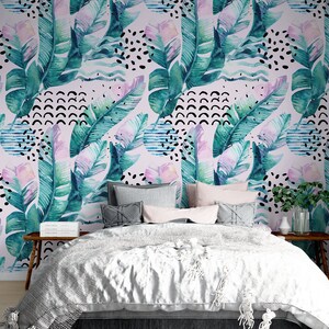 Peel And Stick Wallpaper with Leaves | Green & Pink Self-Adhesive Wall Sticker for Easy Home Decor