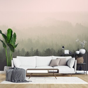 Peel and Stick Forest Wallpaper Foggy Trees Wall Mural Pink & Green Ombre Removable Nature Wall Decor