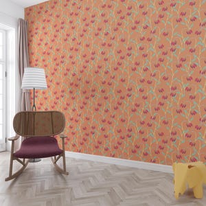 Carta da parati floreale arancione / Design tulipano staccabile e attaccabile / Decorazione murale con fiori rimovibili per un facile restyling della casa, accento per la cameretta dei bambini