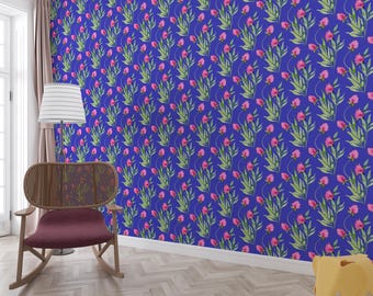 Peel-and-Stick-behang roze tulpen: muur met blauw bloemenaccent