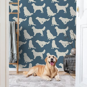 Golden Retriever Blue Pattern Peel and Stick Wallpaper – Domapine Dog-Themed Wall Decor for Pet Lovers, Kids&#39; Rooms, and Dog-Inspired Spaces