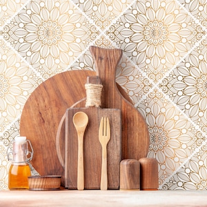 Carta da parati adesiva con mandala marrone - Decorazione murale boho non incollata, motivo mandala marrone vintage per soggiorno, camera da letto e ufficio