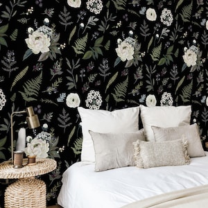Dunkle florale schwarze Tapete mit stimmungsvollen Retro botanischen Blumen, Schälen und Aufkleben Wanddekoration, leicht entfernbar, Vintage Style Home Akzent