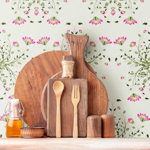 Carta da parati floreale con giardino di fiori selvatici rosa romantico / Stacca e attacca rimovibile / Boho chic botanico
