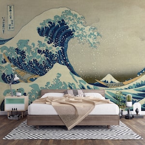 Papier peint autocollant La grande vague au large de Kanagawa, papier peint japonais amovible océan Art déco
