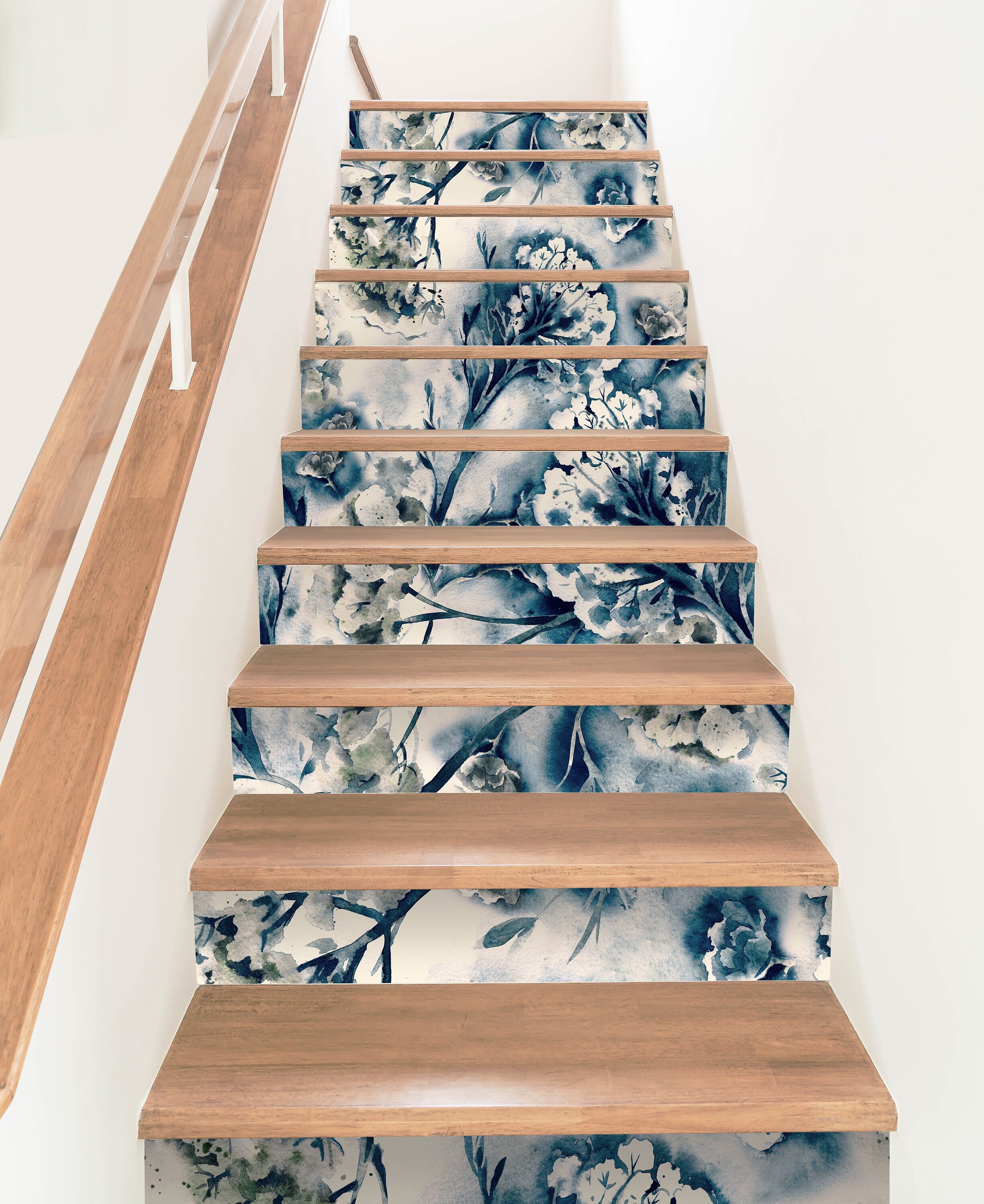Floral Stair Riser Decals Set of 12 | Removable Watercolor Stickers | Blue Botanical Self-Adhesive Vinyl for Staircase Decor