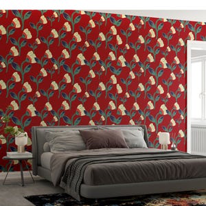Peel and Stick Flower Wallpaper - Red Background Elegant Wall Decor for Bedroom, Floral Removable Wallpaper, Easy Install Decor