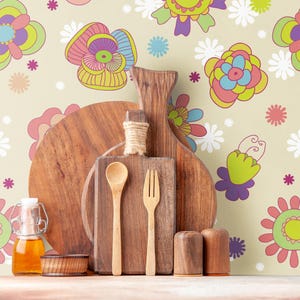 Boho flower peel and stick wallpaper / Multicolor floral wall decal print / Botanical self adhesive nursery wall mural
