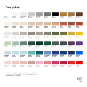Op de afbeelding: Een kleurenpalet met 60 verschillende kleurstalen. Elk staal is gelabeld met een kleurnaam en een hexadecimale kleurcode. De kleuren vari&euml;ren van wit tot zwart, met tinten grijs, bruin, groen, blauw, roze en rood.