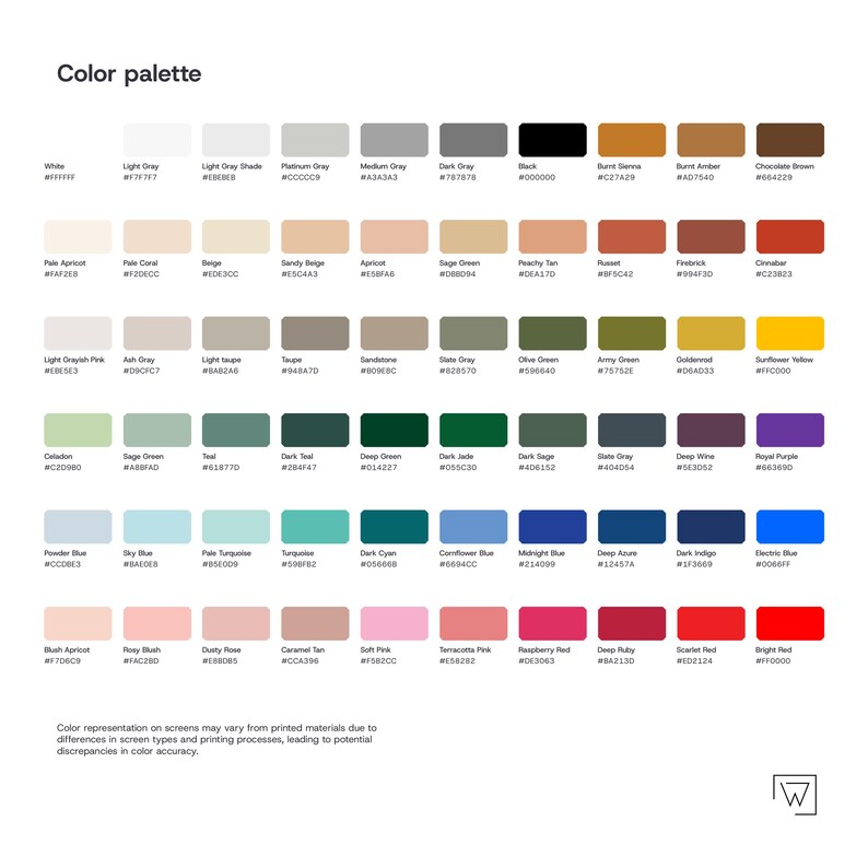 Op de afbeelding: Een kleurenpalet met 60 verschillende kleurstalen. Elk staal is gelabeld met een kleurnaam en een hexadecimale kleurcode. De kleuren vari&euml;ren van wit tot zwart, met tinten grijs, bruin, groen, blauw, roze en rood.