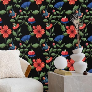 Peel-and-Stick-behang met donkere bloemen, humeurig zwart bloemenmaximalistisch muurdecor, zwart cottagecore-behang voor slaapkamer en woonkamer