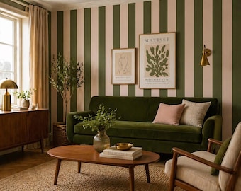 Papel pintado a rayas verdes y rosas, autoadhesivo y removible para decoración de paredes en salones, oficinas y comercios.