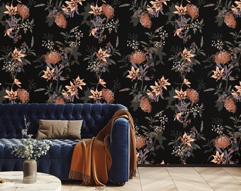 Papel pintado autoadhesivo con diseño floral negro melancólico: Mural botánico gótico