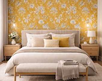 Yellow Floral Peel and Stick Wallpaper Bedroom Accent Wall Boho Botanical