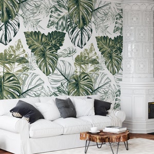 Carta da parati moderna con foglie della giungla – Grande murale botanico verde staccabile e attaccabile su bianco – Parete decorativa tropicale di lusso per interni di design