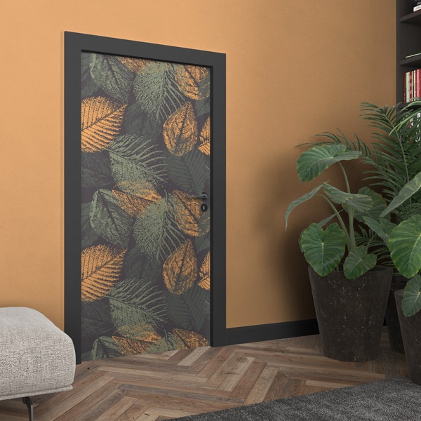 Décalcomanie de porte avec feuilles, papier peint amovible nature, peinture murale de porte auto-adhésive, art décoratif pour portes intérieures, peler et coller NWD007