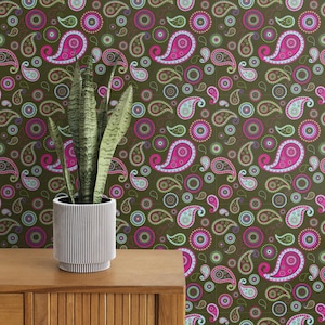 Carta da parati rimovibile - Stile Boho & Boho verde e rosa chic - Decorazione floreale colorata per l'ufficio domestico