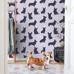 Carta da parati adesiva e staccabile Purple Corgi, carta da parati Dog Salon, carta da parati autoadesiva e rimovibile Corgi, carta da parati Funky Home color lilla
