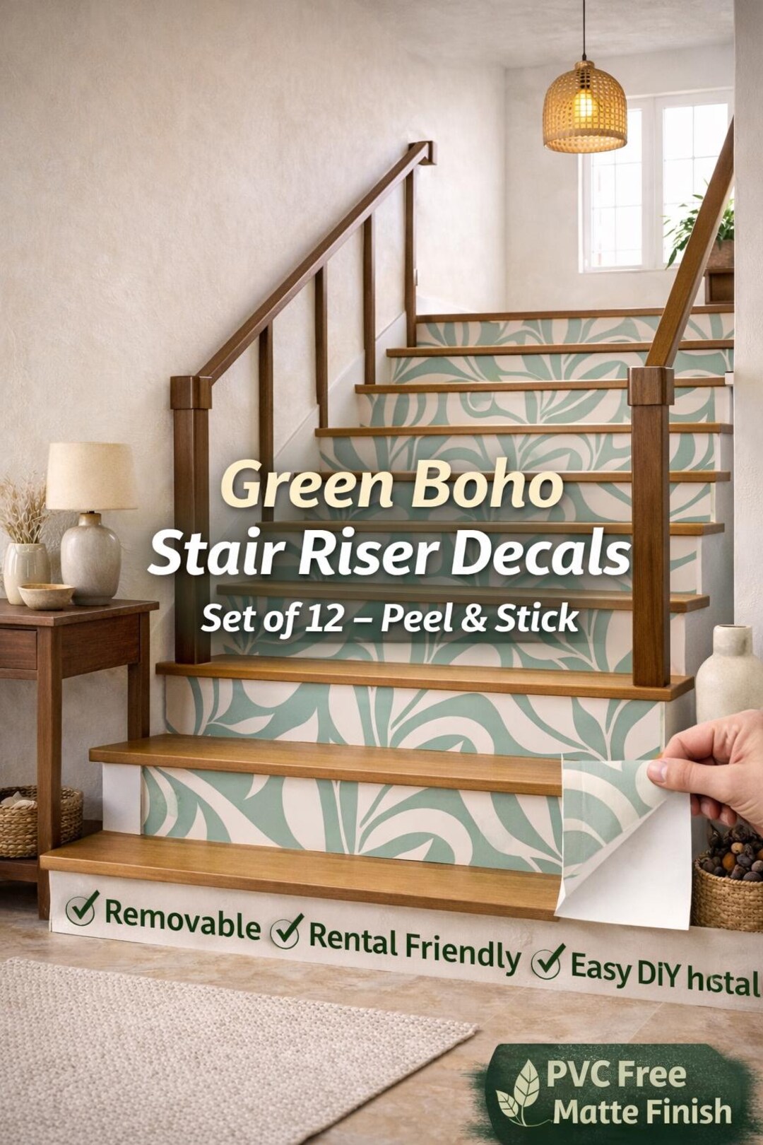 Green Boho Stair Risers Set of 12 Peel and Stick Removable Decals - Etsy