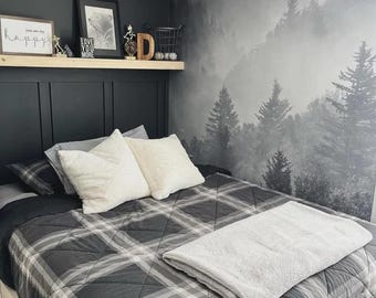 Foggy Pine Forest Peel and Stick Wallpaper – Misty Woodland Wall Mural