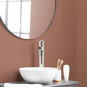 May include: A contemporary bathroom scene featuring a white, circular sink with a chrome tap. A circular mirror is mounted above. Toothbrushes and a lotion tube are on the vanity. A white washcloth is draped over the edge.