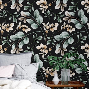 Moody Black Floral Wallpaper Peel and Stick - Removable Boho Botanical Mural Dark Academia Gothic Apothecary Decor Green Brown
