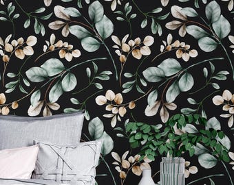 Papel tapiz floral negro melancólico: Mural botánico autoadhesivo