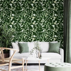 Dark Green Foliage Wallpaper Peel and Stick, Moody Botanical Forest Leaf, Black Cottagecore Maximalist Nature Wall Decor