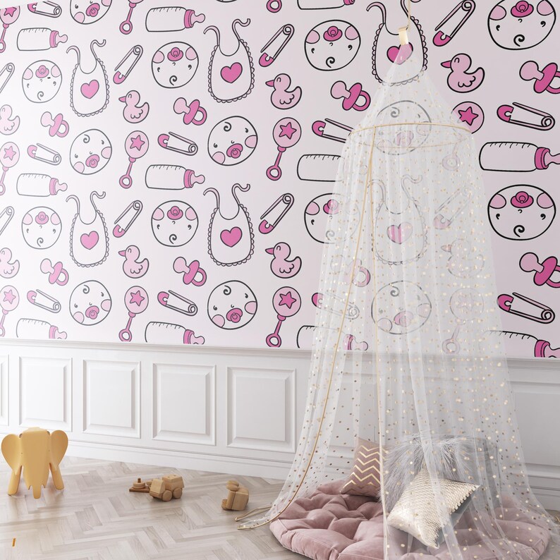 Papel pintado rosa para habitación de niña: despegable y pegable, tonos suaves imagen 1
