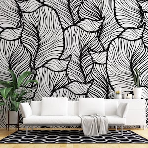 Self-Adhesive Wallpaper Abstract Leaves, Peel and Stick Wallpaper Black & White, Removable Wallpaper Nature Plants, Home Decor NW405