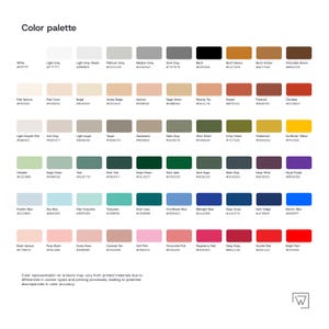 May include: A color palette chart with 60 different color swatches. Each swatch is labeled with a color name and a hexadecimal color code. The colors range from white to black, with shades of gray, brown, green, blue, pink, and red.