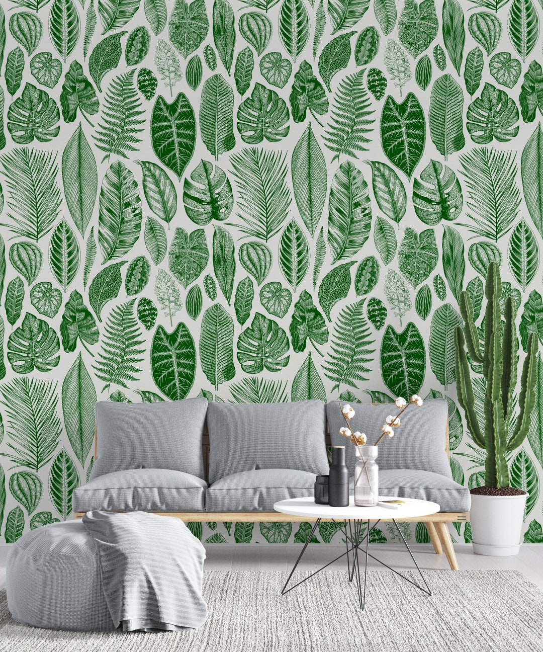 Peel and Stick Green Leaves Wallpaper, Apothecary Herbal Botanical Wall ...