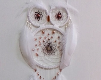 White Owl Dreamcatcher, Feather Wall Hanging, Kids Room Decor