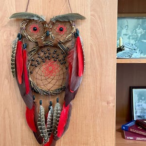 Op de afbeelding: Een uilvormige dromenvanger met een bruin geweven frame, rode en bruine veren en een centraal webontwerp. De uil heeft rode ogen en decoratieve veren bovenop. Hij hangt aan een bruin touwtje.