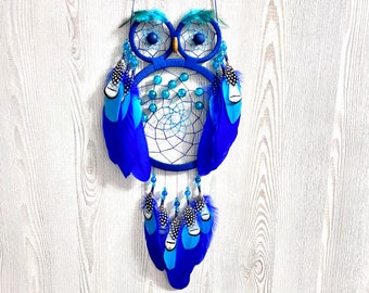 Navy Blue Owl Dreamcatcher, Goose Feather Bird Decor, Nursery Wall Hanging