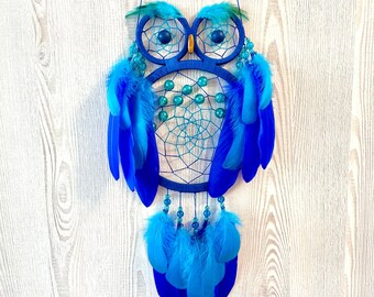 Blue Owl Dreamcatcher, Nursery Wall Hanging, Kids Room Decor