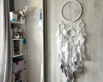 Extra Large Dreamcatcher with Crystals, White and Gray Boho Decor