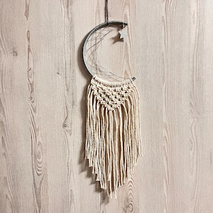 Macrame Crescent Moon Dreamcatcher, Boho Moon Wall Hanging with Star Charm, Neutral Nursery Decor, Handmade Celestial Gift for Her or Baby