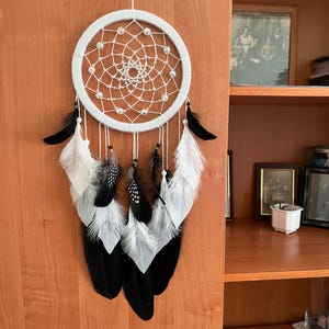 Black and White Dreamcatcher Wall Hanging with Feathers – Boho Wall Decor, Spiritual Gift For Her, Protection Charm, Bedroom Wall Decoration